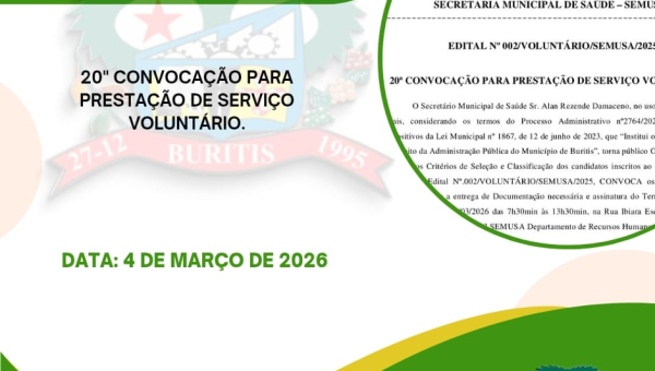 EDITAL Nº 002/VOLUNTÁRIO/SEMUSA/2025. 20ª CONVOCAÇÃO PARA PRESTAÇÃO DE SERVIÇO VOLUNTÁRIO.